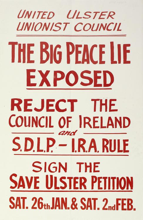 Poster produced by the anti-Sunningdale Agreement unionist umbrella organisation the United Ulster Unionist Council in early 1974. 'Petition Signing Centre,' printed red on white.