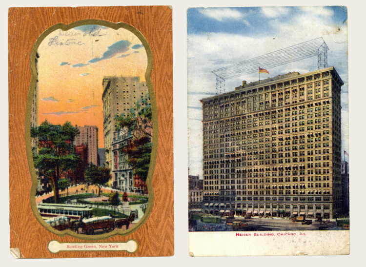 Two postcards featuring the high rises of New York and Chicago.