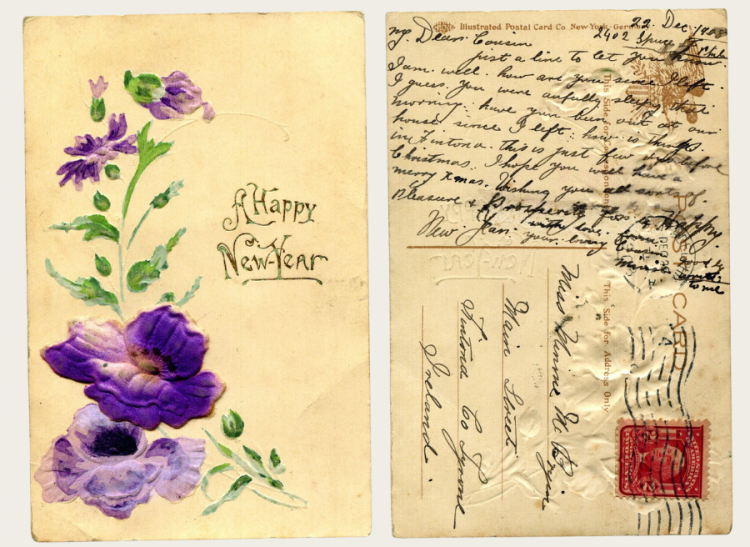 The front and back of a New Year's postcard with well wishes for the New Year.