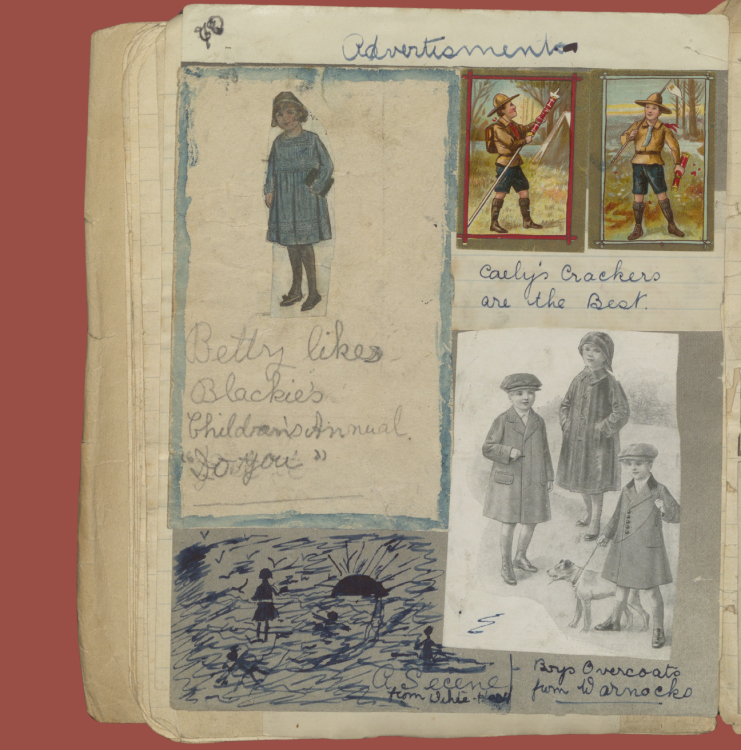 A page of advertisements, with ads cut out from other magazines and newspapers. 