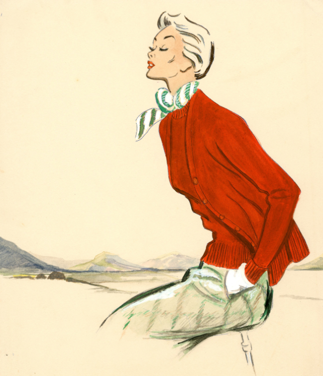 An illustration of a woman modelling a red cardigan.