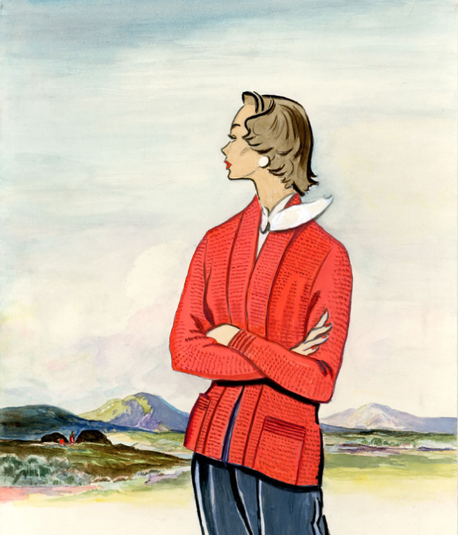 An illustration of a woman modelling a red cardigan.