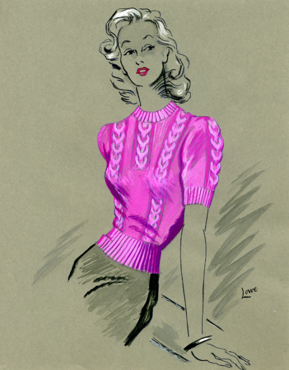 A fashion illustration of a woman in a bright pink jumper.