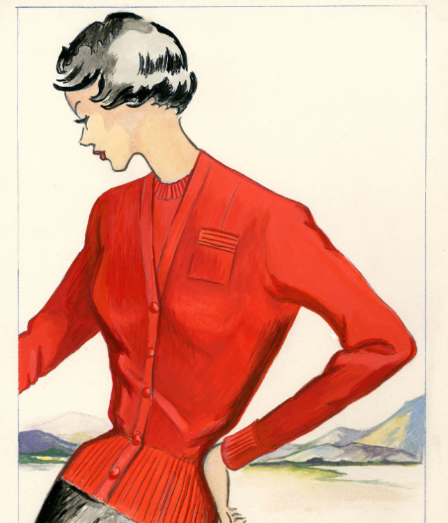 An illustration of a woman modelling a red cardigan.