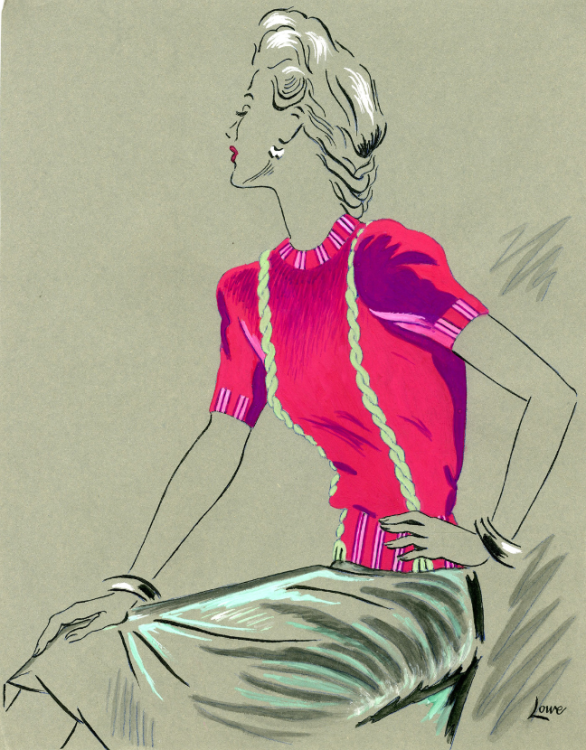 A fashion illustration of a woman in a bright red jumper.