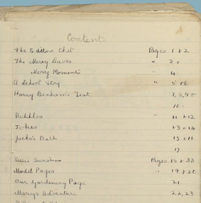 A scan of a handmade magazine showing the contents page.