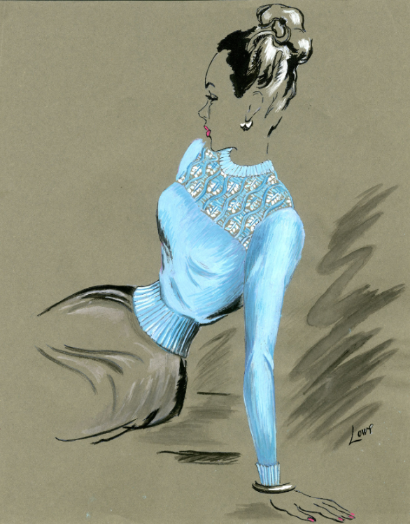 A fashion illustration of a woman in a light blue jumper.