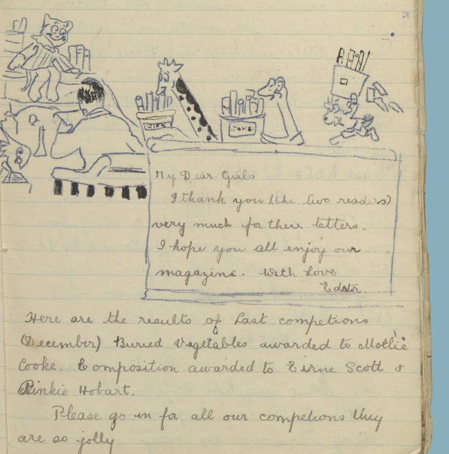 A scan of a homemade magazine showing the editor's page. The editor is thanking two girls for their letters.