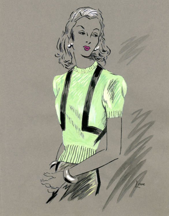 A fashion illustration of a woman in a lime green jumper.