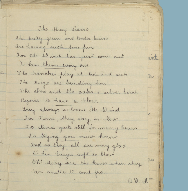 A scan of a poem 'The Merry Leaves', about new leaves on trees in the spring.
