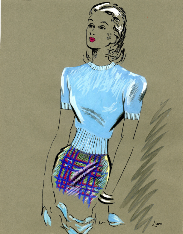A fashion illustration of a woman in a light blue jumper.