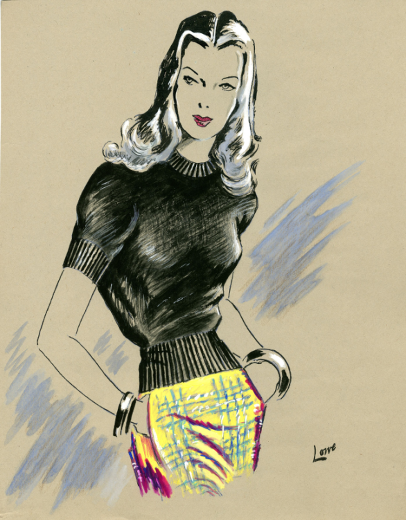 A fashion illustration of a woman in a black jumper and yellow skirt.