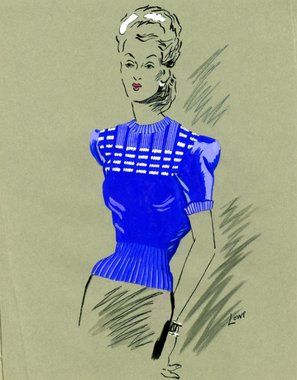 A fashion illustration of a woman in a bright dark blue jumper.