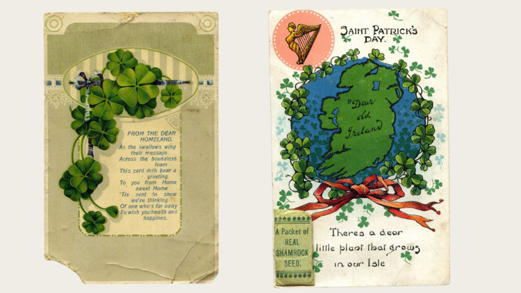 Two St Patrick's Day cards; one has a sentimental poem regarding being far from one's home, the other features a small packet of shamrock seed.