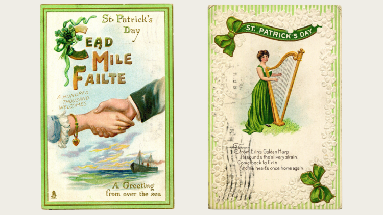 Two St Patrick's Day cards; one with 'a greeting from over the sea'; the other with a short poem about the harp.