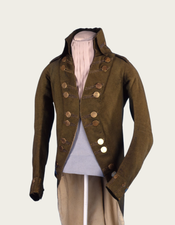 A men's green coat dating from the late 1700s to early 1800s.