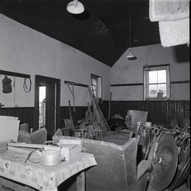A black and white image of the inside of an Orange Hall.