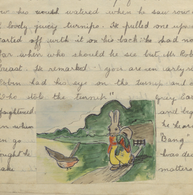 An illustration in colour of a bunny walking along a lane. A robin is flying across his path.