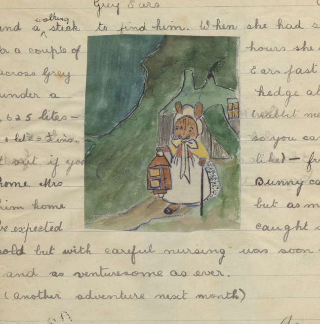 An illustration in colour of a mouse walking long a lane in the dark. She carries a lantern.