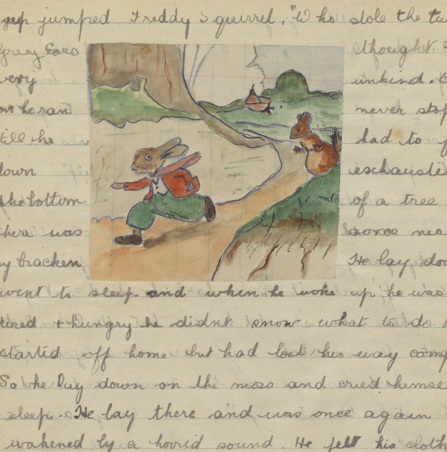 An illustration in colour of a bunny running along a forest path, seemingly pursued by a red or brown squirrel.