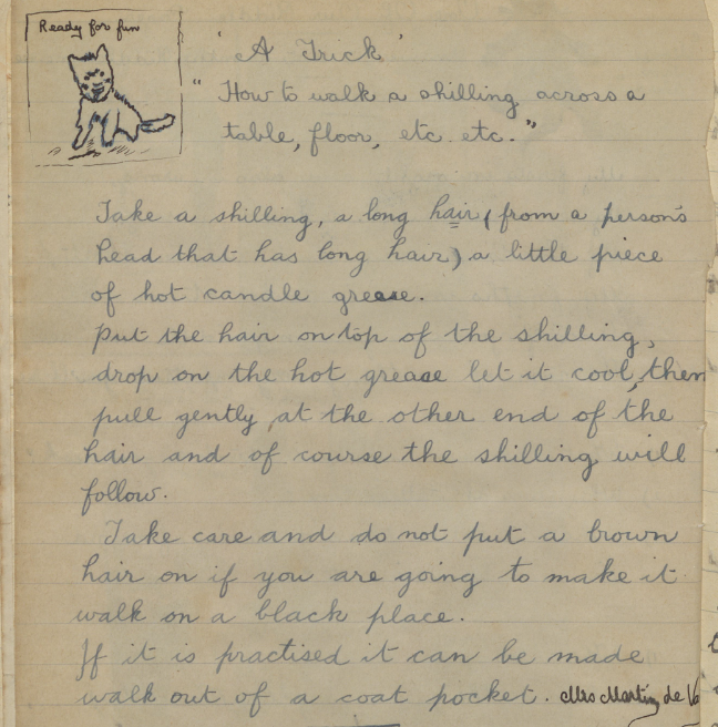 A handwritten page of a magazine teaching a coin trick.