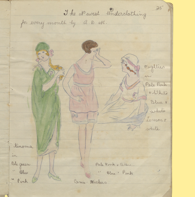 A page from a handmade magazine showing women in modest undergarments. 