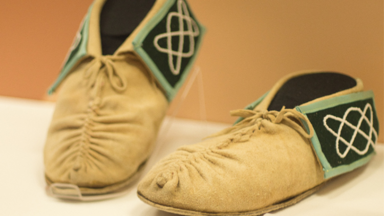 Pictured is a pair of Cherokee pucker toe moccasins. From the Eastern band of Cherokee Indians of the Qualla Boundary, North Carolina, USA.