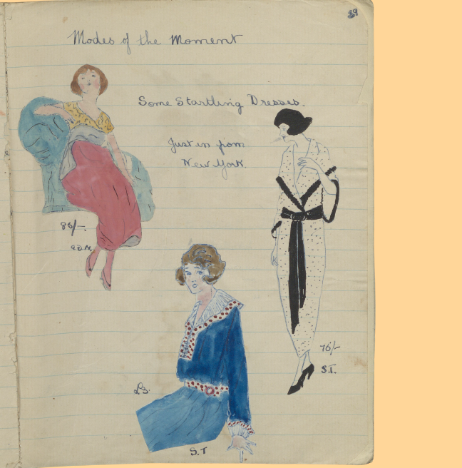A page from a handmade magazine titled 'modes of the moment', showing three era-appropriate dresses.