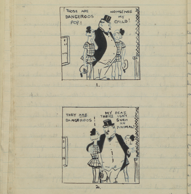 A comic strip in which a young girl claims an animal is 'dangeroos', to which a man replies 'there is no such animal'.