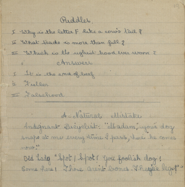 A series of riddles including 'what side of the jug is the handle on?' - the answer being 'the outside'.