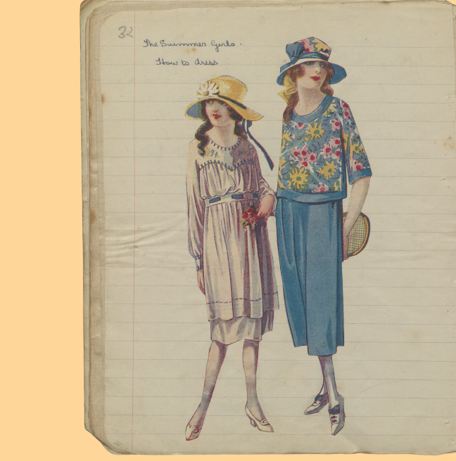 A page from a handmade magazine showing an advertisement for summer clothing for ladies. 