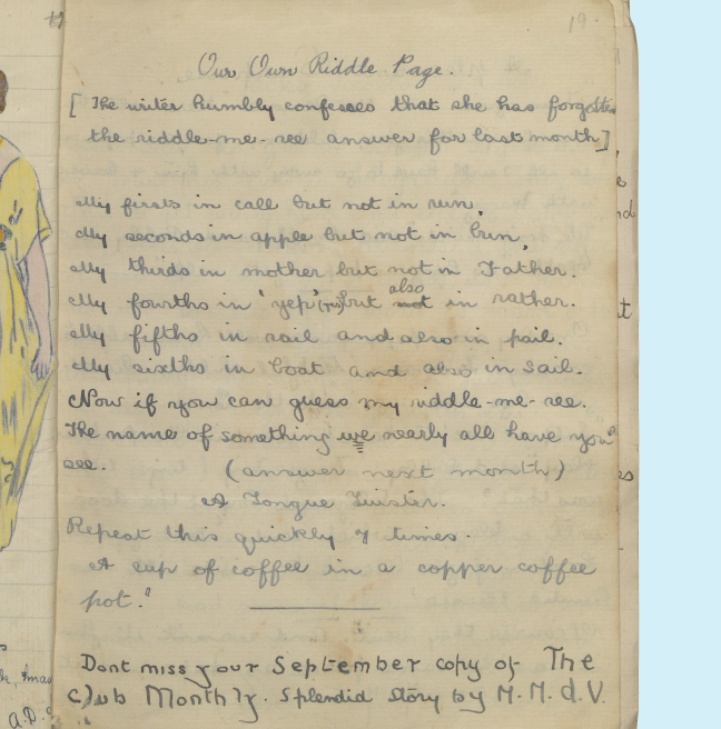 A page in a handmade magazine showing a riddle.