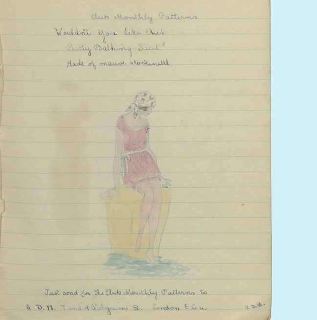 A page from a homemade magazine showing a swimsuit pattern.