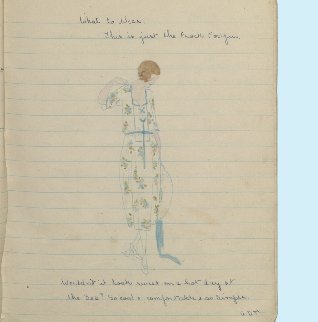 A page from a homemade magazine showing fashion to wear at the seaside.