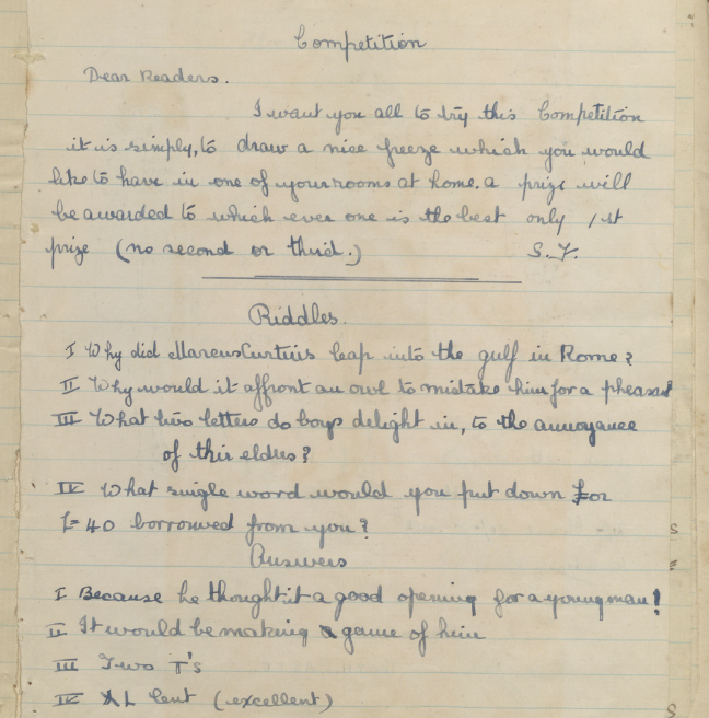 A page from a homemade magazine with riddles and a competition to draw a picture.