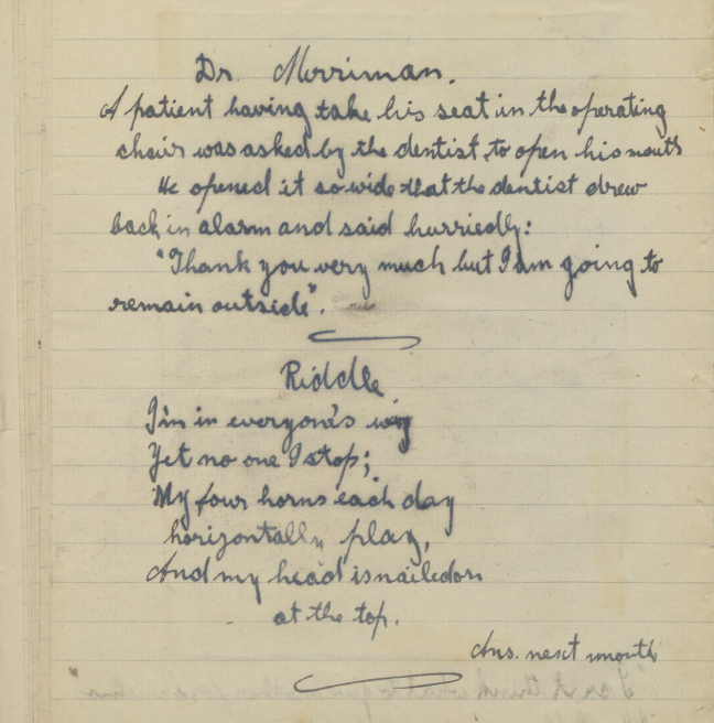 A page from a homemade magazine with riddles and a dentistry joke.