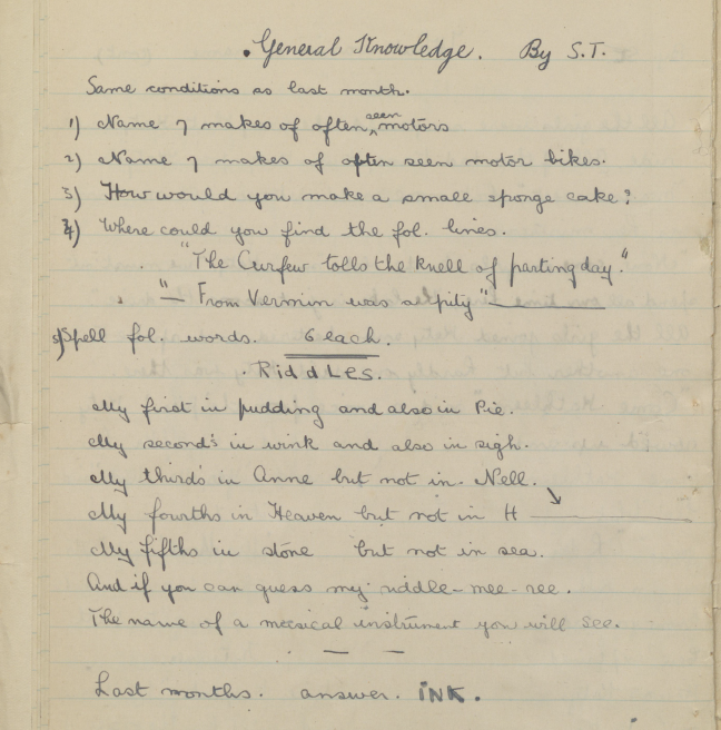 A page from a homemade magazine with riddles and a general knowledge quiz.