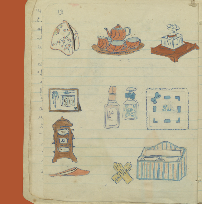 A page from a homemade magazine showing drawings of household items.