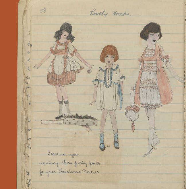 A page from a handmade magazine showing drawings of dresses.