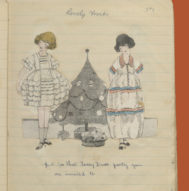 A page from a handmade magazine showing drawings of dresses.