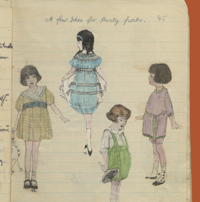 A page from a handmade magazine showing drawings of dresses.