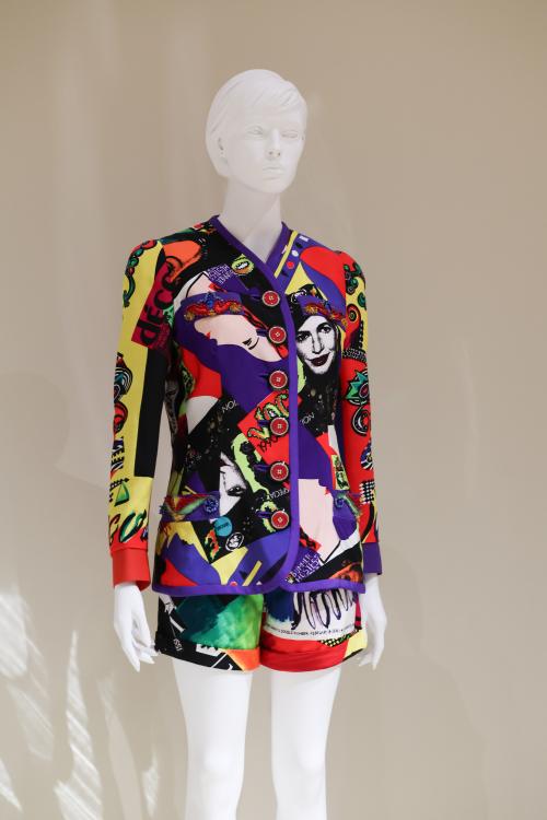A multicoloured two-piece, blazer and shorts, made by Gianni Versace that reveals a host of details, like Madonna's first Vogue cover.