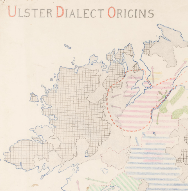 A detail image of a map reading 'Ulster Dialect Origins'.