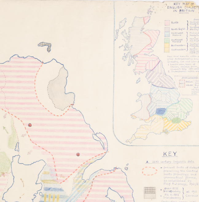 A detail image of a map showing a key, showing the origins of the dialects of Ulster from Britain.