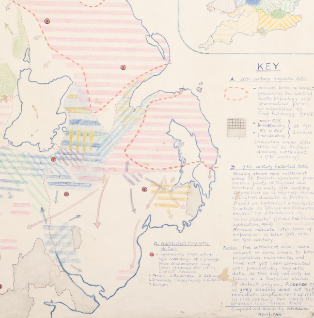 A detail image of a map showing a key explaining the lines and arrows across the map as diffusion of dialects across Ulster.