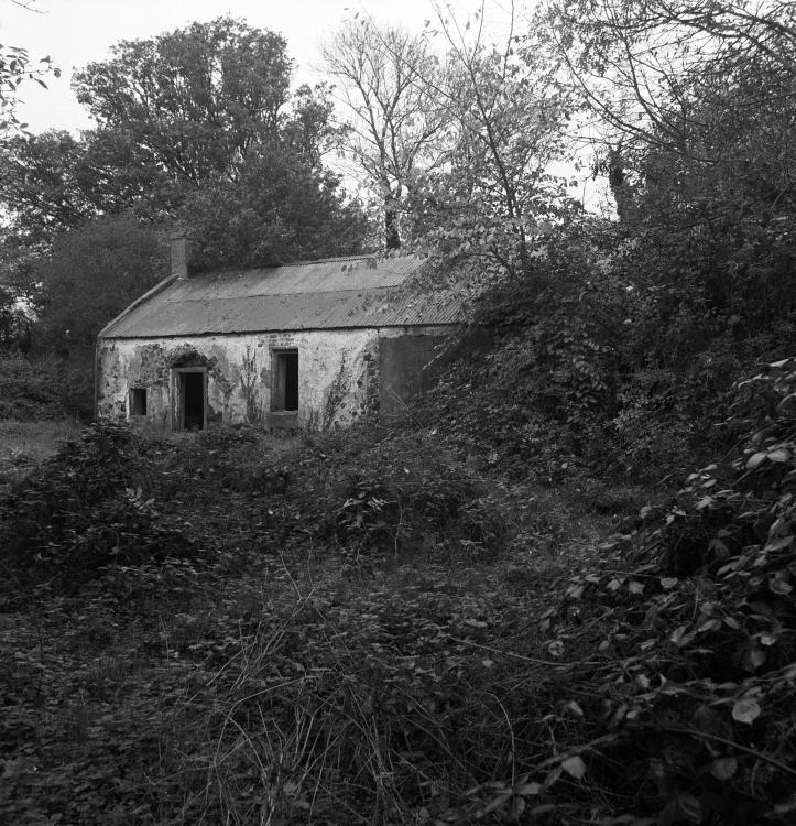 A black and white image of a dilapitated house in the midst of a forest.