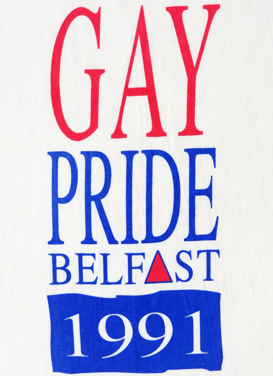 A close up of a tshirt logo reading 'Gay Pride Belfast 1991'.