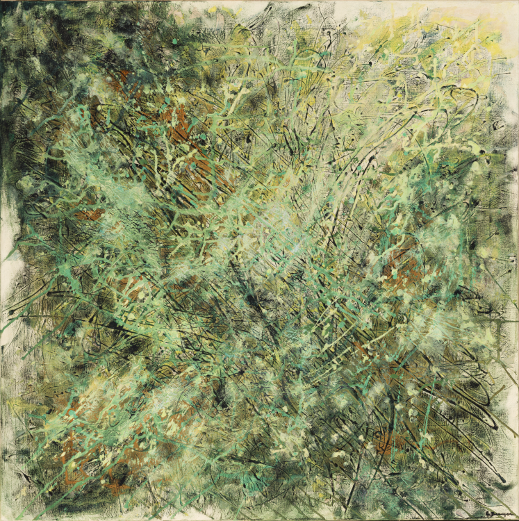 An abstract painting. Lines of blues, yellows, and greens are spalshed across a canvas.