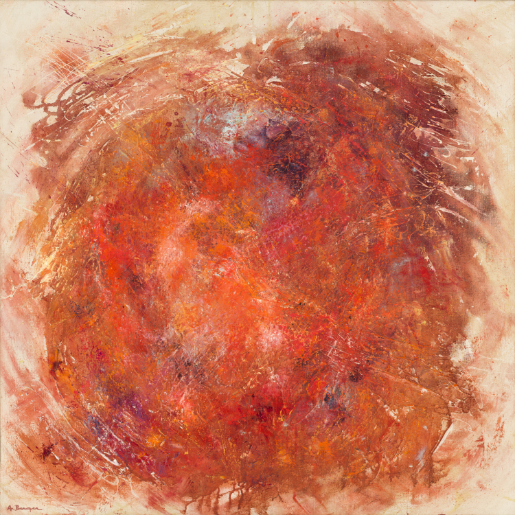 An abstract painting. In a circle, paints of reds and oranges have been brushed and dabbed on, with messy edges. A slight blue can be seem in the top of the loose-circle.
