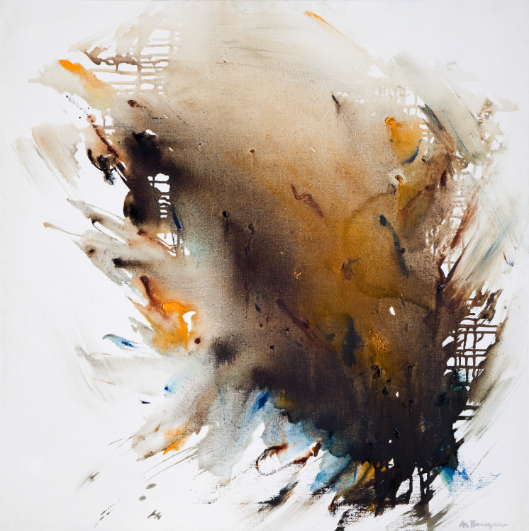 An abstract painting. On a white canvas, a large watercolour brush has been applied in black moving into orange. The paint has been allowed to drip in multiple directions, meaning we can see grid-like paint at the edge of a the large paint streak. Underneath we can see bright and dark blues.
